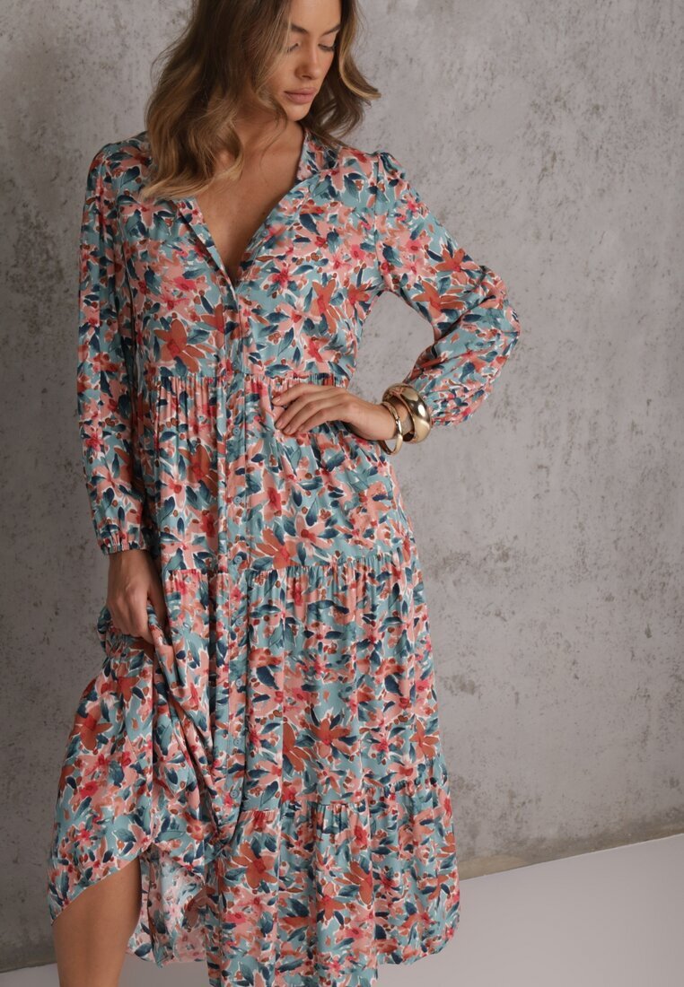 rosa Rochie Roz-Albastră cu Despicătură și Imprimeu Floral Phaelerine