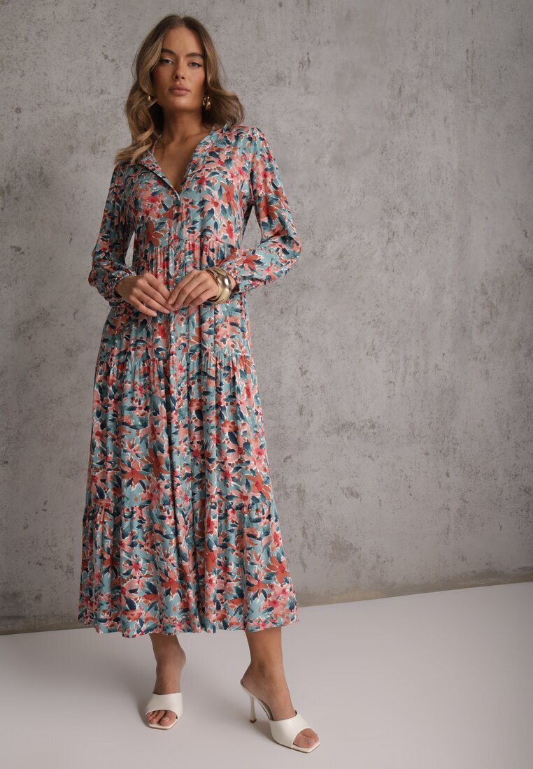 rosa Rochie Roz-Albastră cu Despicătură și Imprimeu Floral Phaelerine