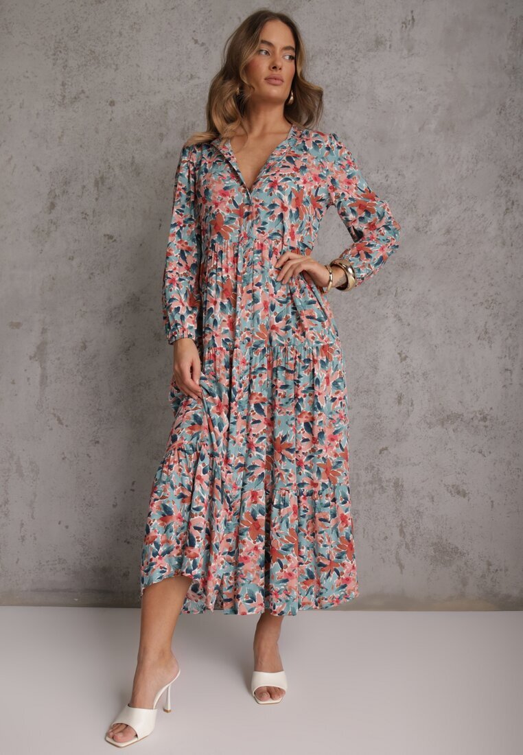 rosa Rochie Roz-Albastră cu Despicătură și Imprimeu Floral Phaelerine