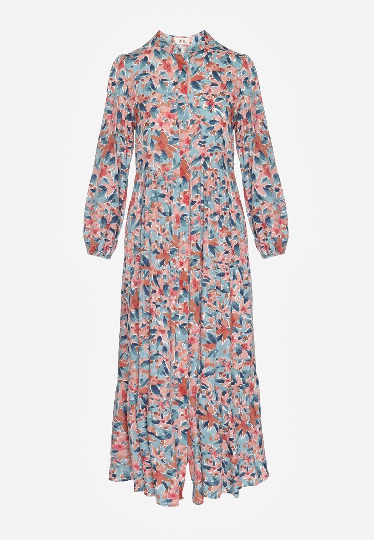 rosa Rochie Roz-Albastră cu Despicătură și Imprimeu Floral Phaelerine