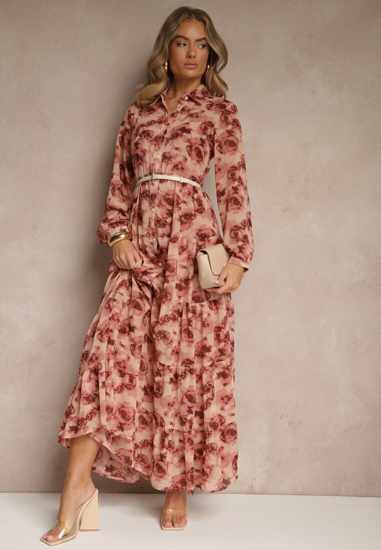 rosa Rochie roz evazată tip cămașă maxi florală Nersa