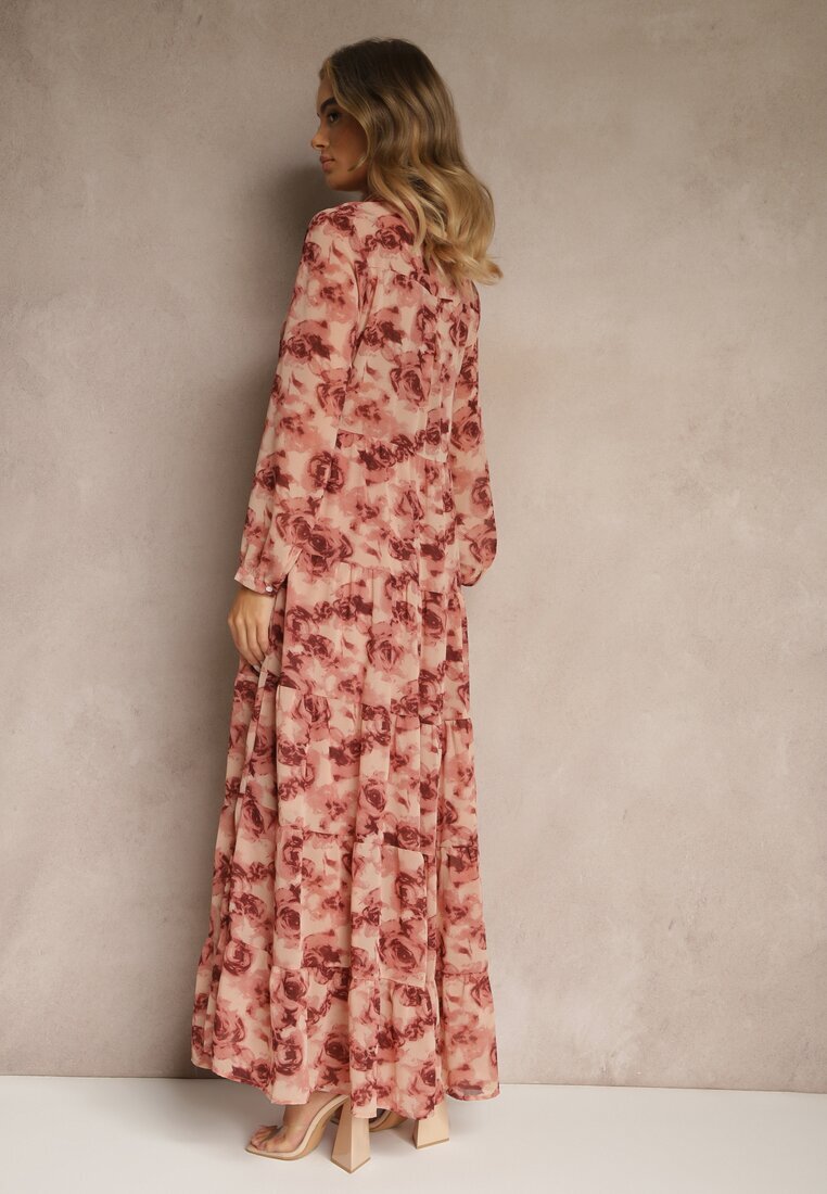 rosa Rochie roz evazată tip cămașă maxi florală Nersa