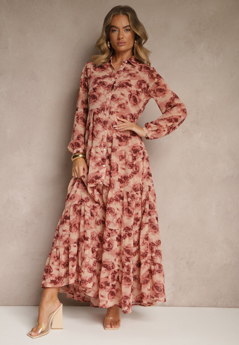 rosa Rochie roz evazată tip cămașă maxi florală Nersa