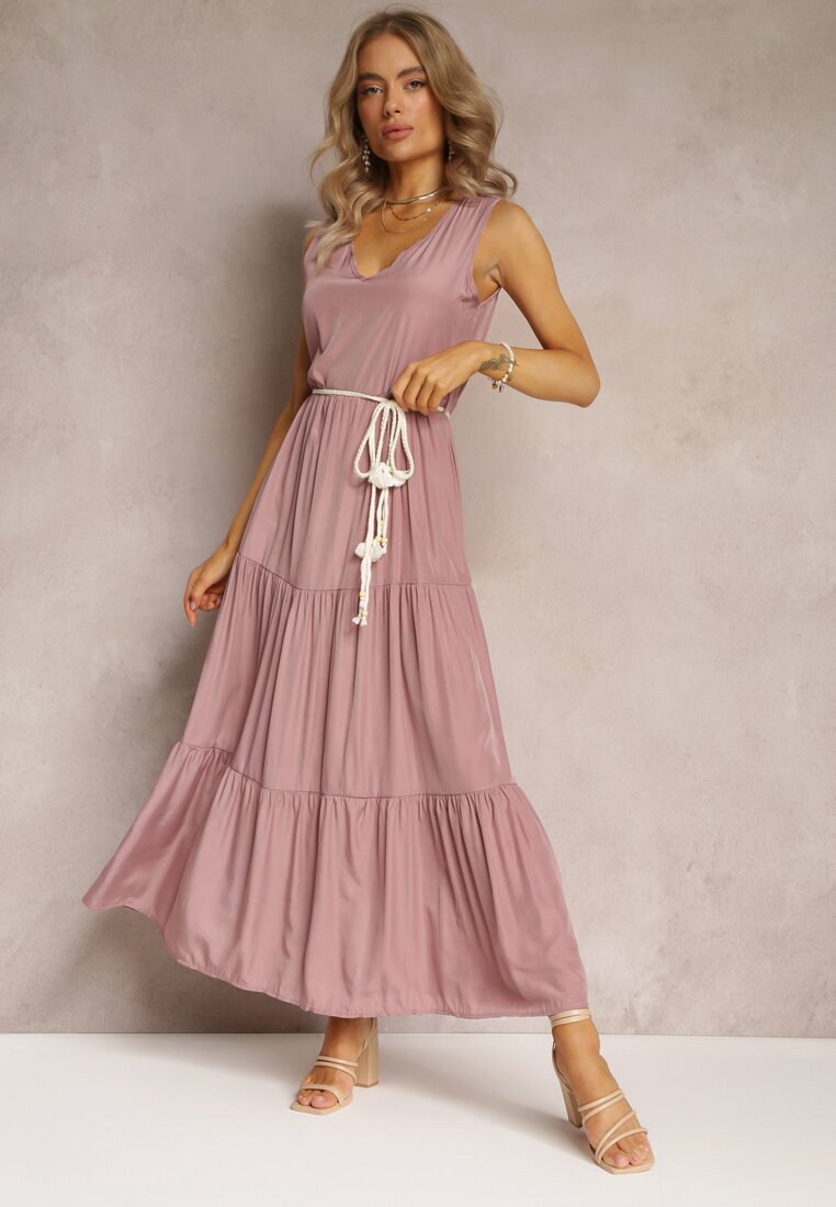 rosa Rochie Roz Maxi cu Fason Cloș cu Șnur Decorativ și Decolteu Triunghiular Zornitsa