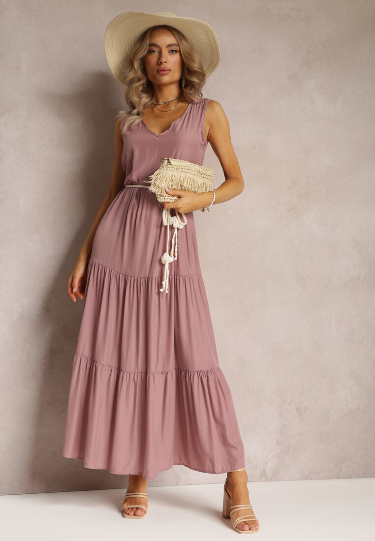 rosa Rochie Roz Maxi cu Fason Cloș cu Șnur Decorativ și Decolteu Triunghiular Zornitsa