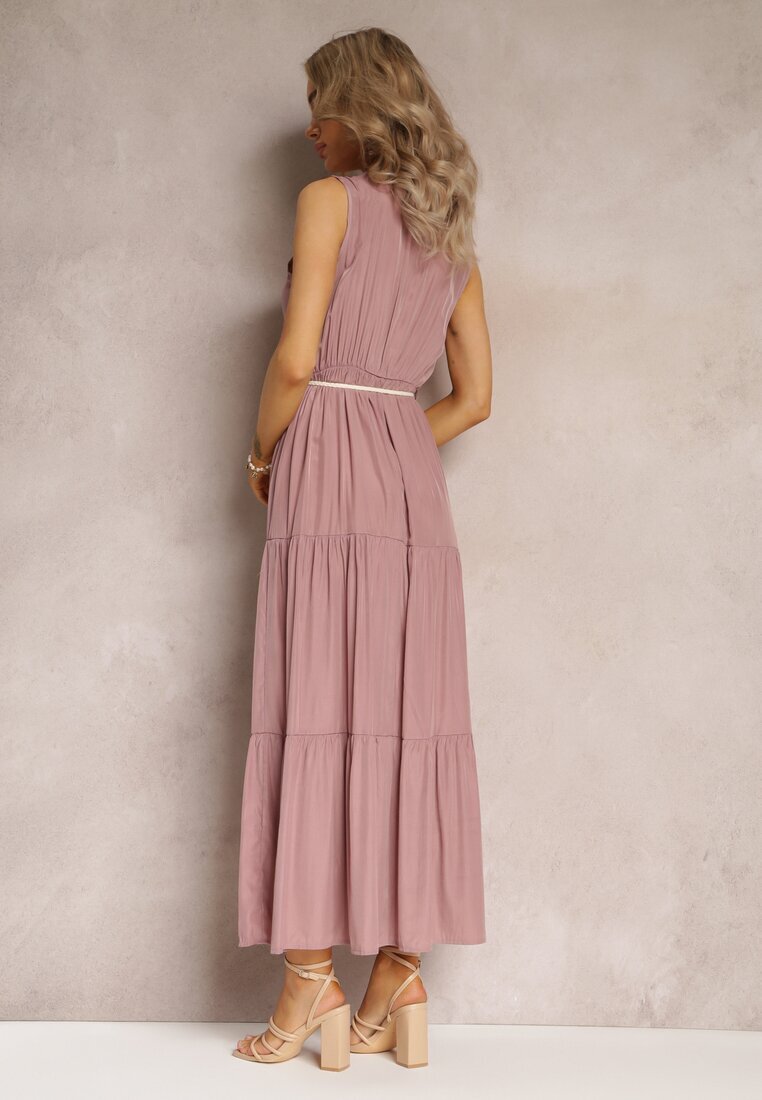 rosa Rochie Roz Maxi cu Fason Cloș cu Șnur Decorativ și Decolteu Triunghiular Zornitsa