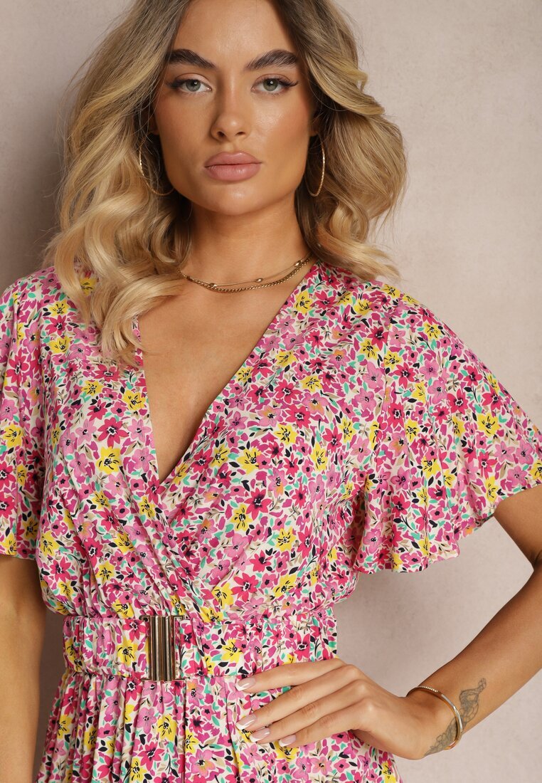 rosa Rochie Roză Tip Plic din Viscoză cu Centură din Material și Elastic în Talie cu Despicătură Vikali