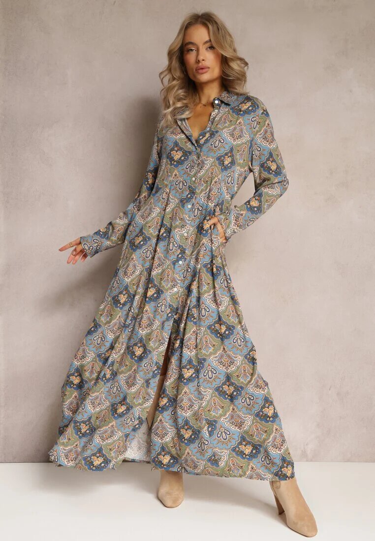 rosa Rochie Tip Cămașă Albastru-Verde cu model Paisley Zeli