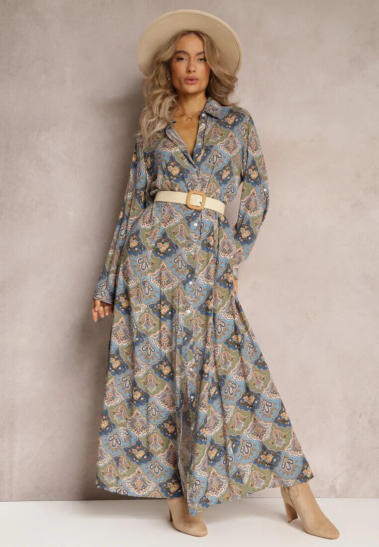 rosa Rochie Tip Cămașă Albastru-Verde cu model Paisley Zeli