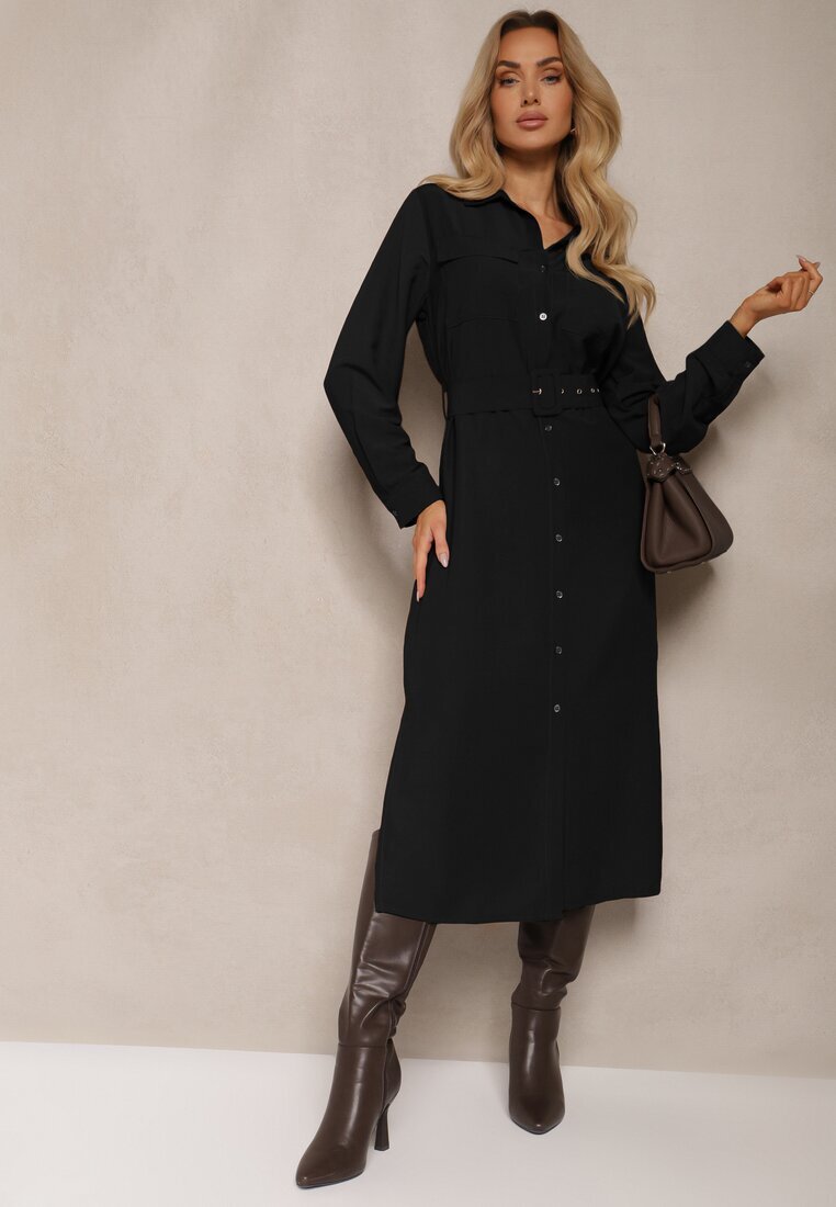 rosa Rochie tip cămașă Neagră cu croială cloș cu centură și buzunare cu clape Rinnisa