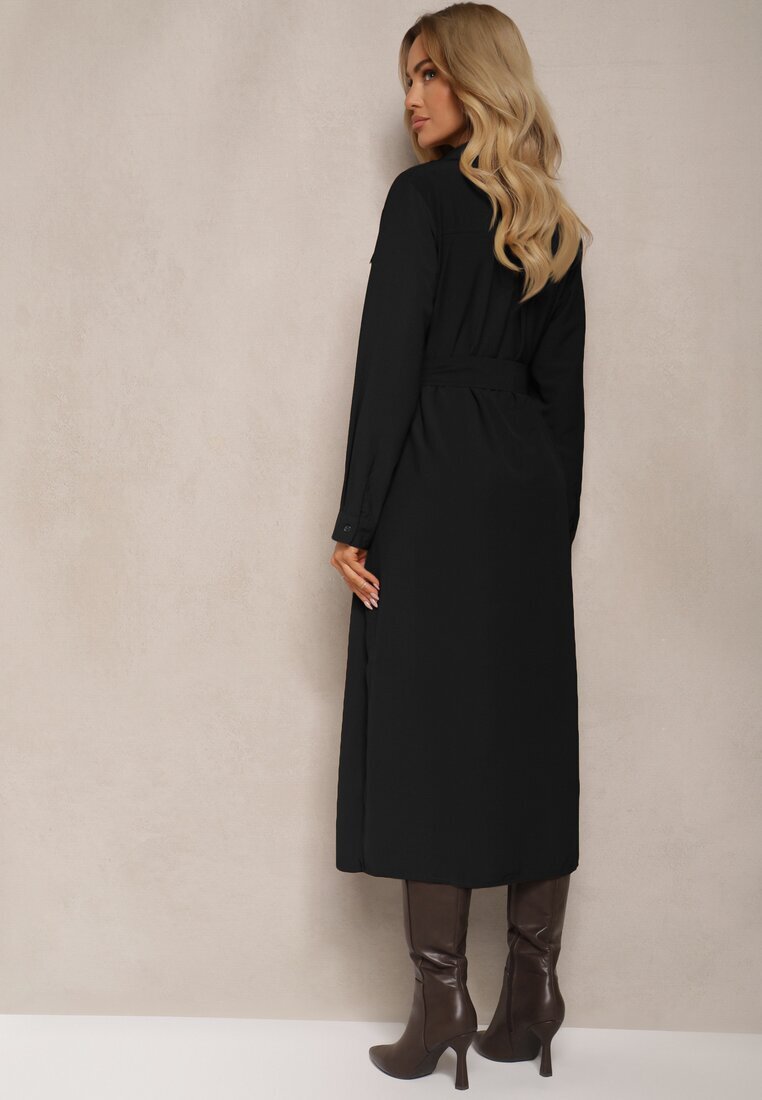 rosa Rochie tip cămașă Neagră cu croială cloș cu centură și buzunare cu clape Rinnisa