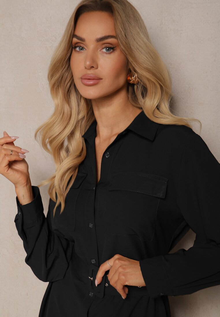 rosa Rochie tip cămașă Neagră cu croială cloș cu centură și buzunare cu clape Rinnisa