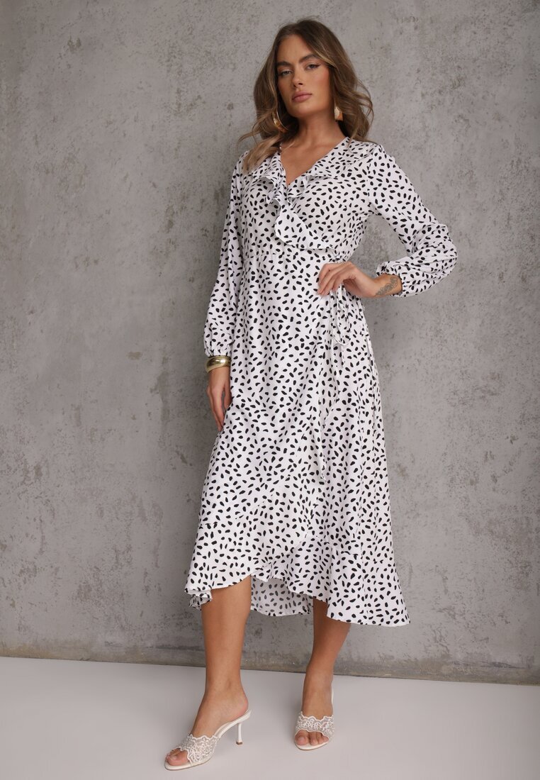 rosa Rochie Tip petrecut Midi Albă cu Volane și Model cu buline Averyterry