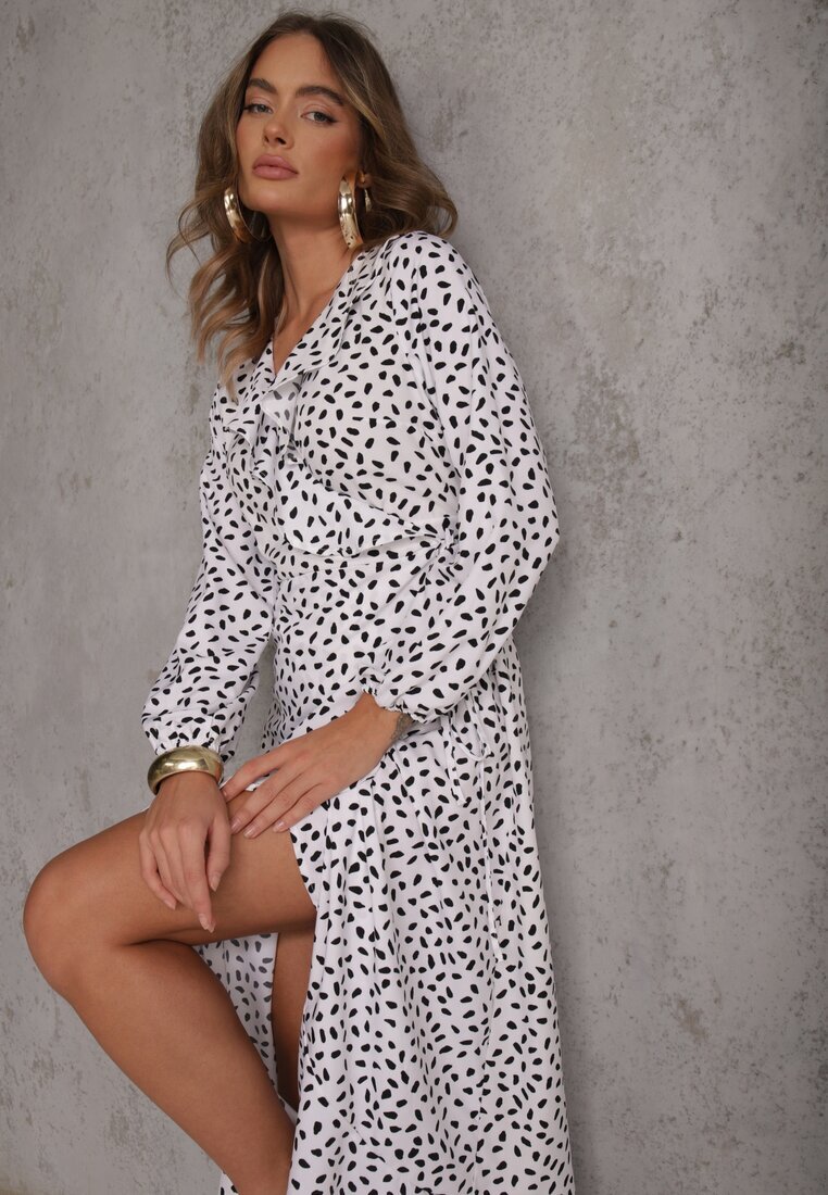 rosa Rochie Tip petrecut Midi Albă cu Volane și Model cu buline Averyterry