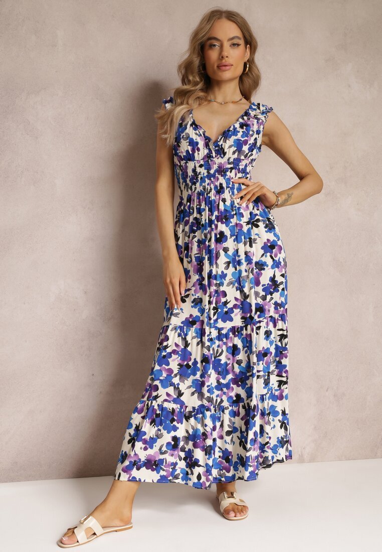 rosa Rochie Tip plic Maxi Violet-Albastru cu Flori cu Elastic în Talie din Viscoză Marielys