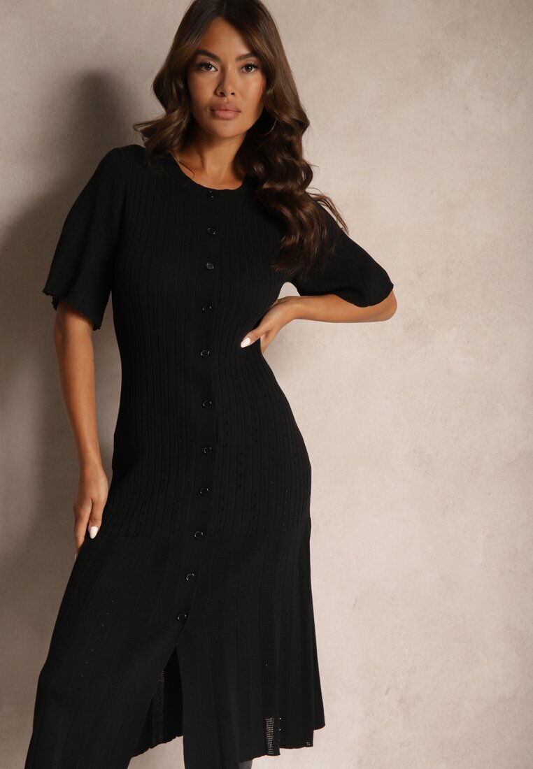 rosa Rochie Trapezoidală Neagră din Tricot Închisă cu nasturi Zetirae