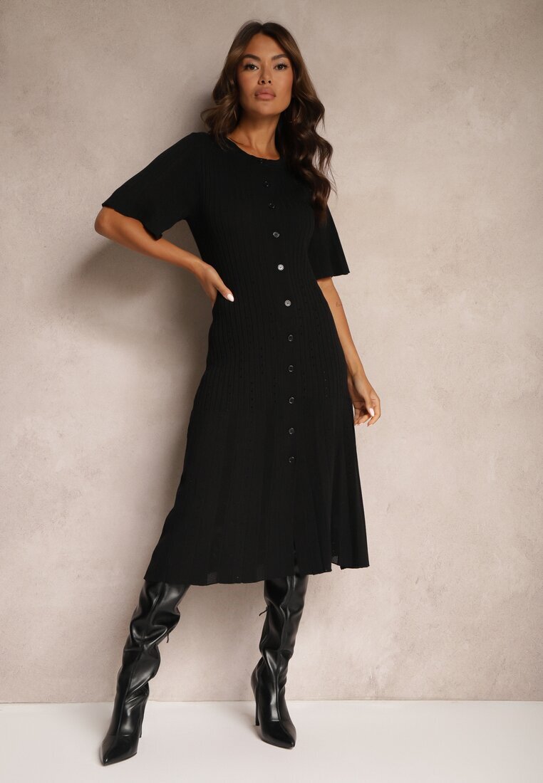 rosa Rochie Trapezoidală Neagră din Tricot Închisă cu nasturi Zetirae