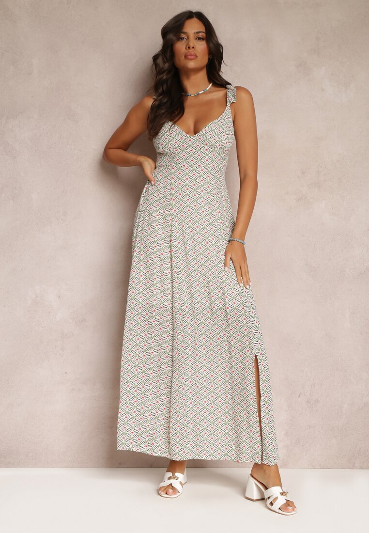rosa Rochie Verde-Albă Evazată Maxi cu Bretele Decorative și Decolteu Adânc din Viscoză Jesa