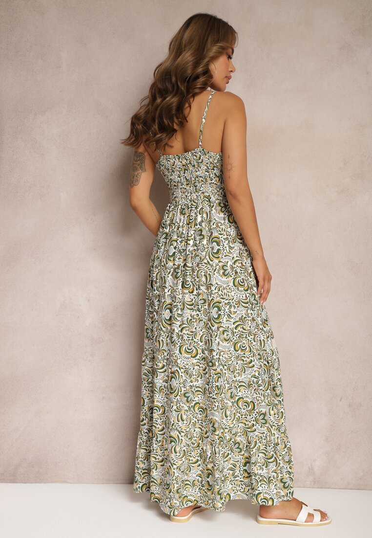 rosa Rochie Verde-Bej Din Bumbac cu Bretele Decorată cu Broderie cu Elastic în Talie Nretta