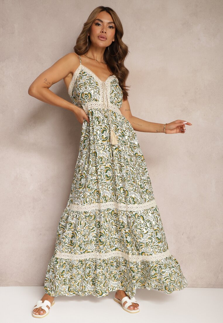 rosa Rochie Verde-Bej Din Bumbac cu Bretele Decorată cu Broderie cu Elastic în Talie Nretta