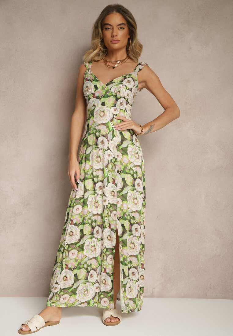 rosa Rochie Verde-Bej din viscoză cu croială evazată cu flori Redalie