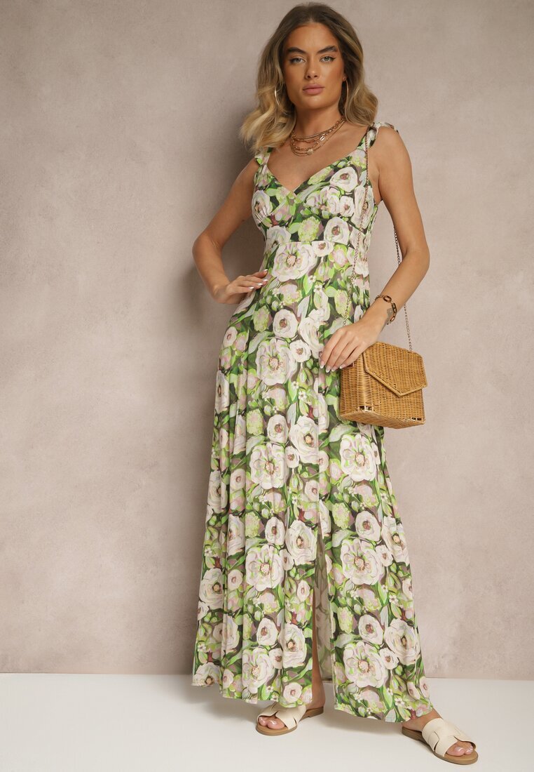 rosa Rochie Verde-Bej din viscoză cu croială evazată cu flori Redalie