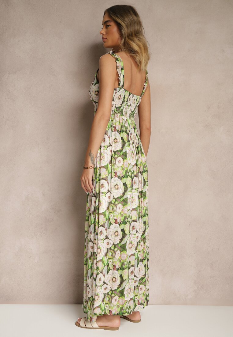 rosa Rochie Verde-Bej din viscoză cu croială evazată cu flori Redalie