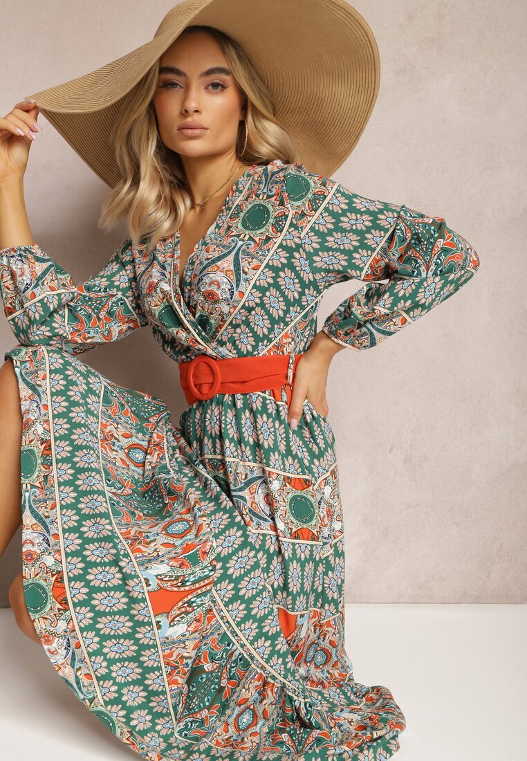 rosa Rochie Verde Cloș cu Centură Shara