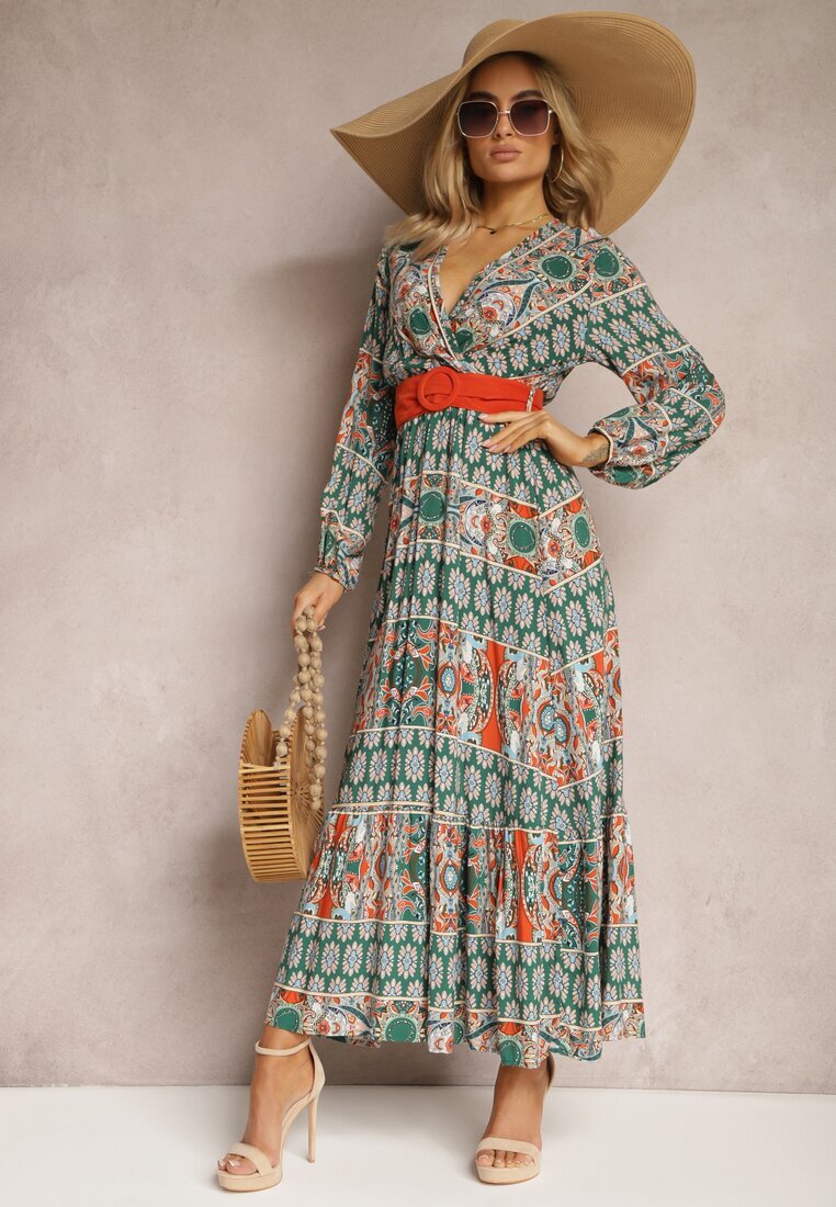 rosa Rochie Verde Cloș cu Centură Shara