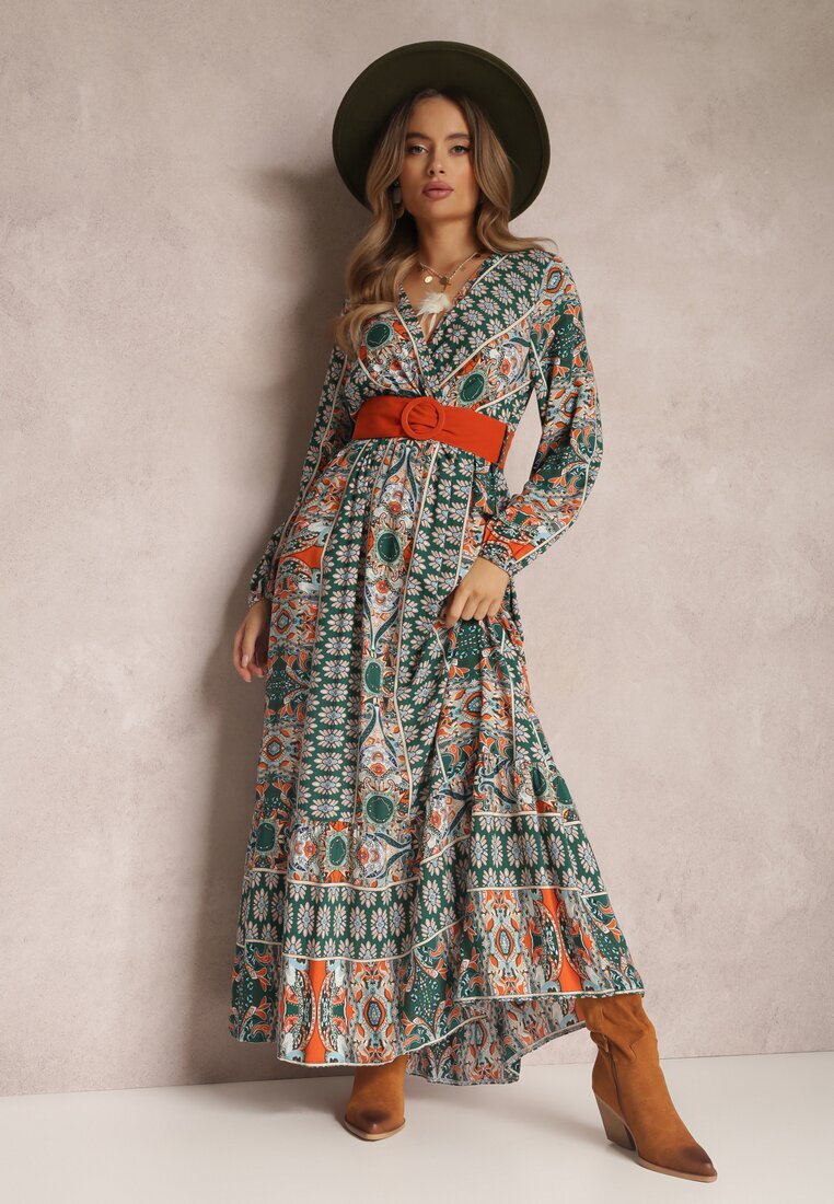 rosa Rochie Verde Cloș cu Centură Shara
