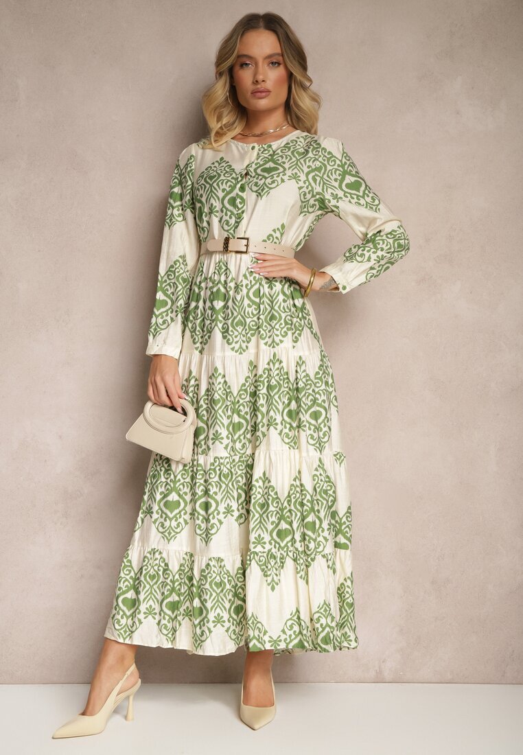 rosa Rochie Verde Cloș din Viscoză cu Nasturi Ilathinna