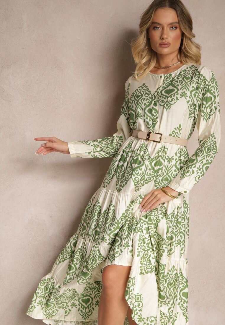 rosa Rochie Verde Cloș din Viscoză cu Nasturi Ilathinna