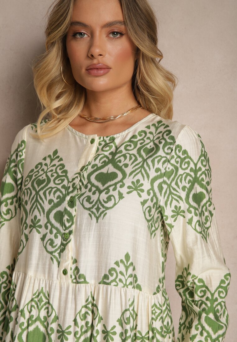 rosa Rochie Verde Cloș din Viscoză cu Nasturi Ilathinna