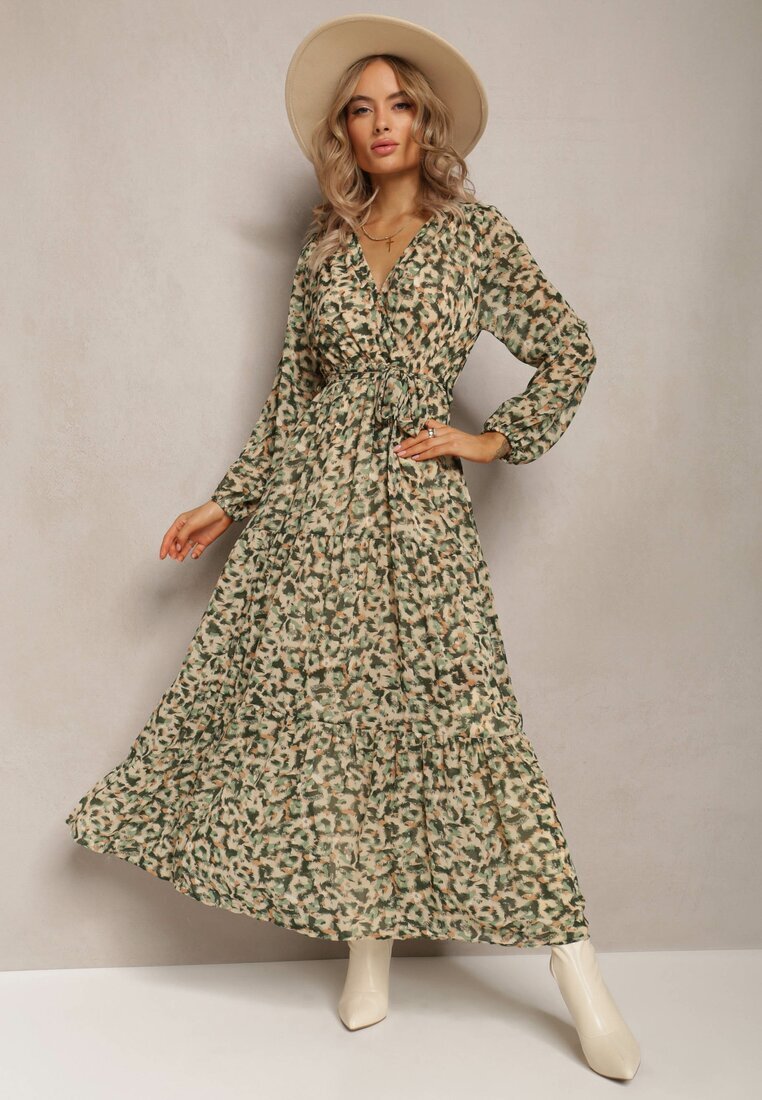 rosa Rochie Verde cu Decolteu Petrecut cu Imprimeu Animalier Irdra