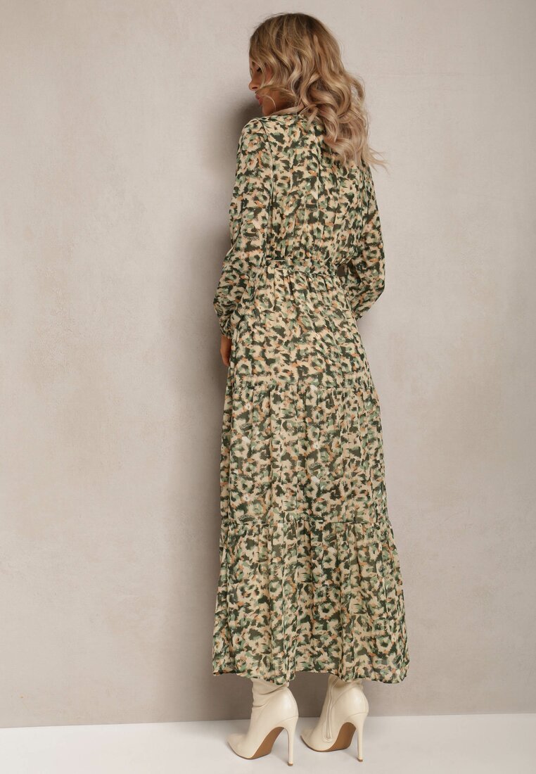 rosa Rochie Verde cu Decolteu Petrecut cu Imprimeu Animalier Irdra