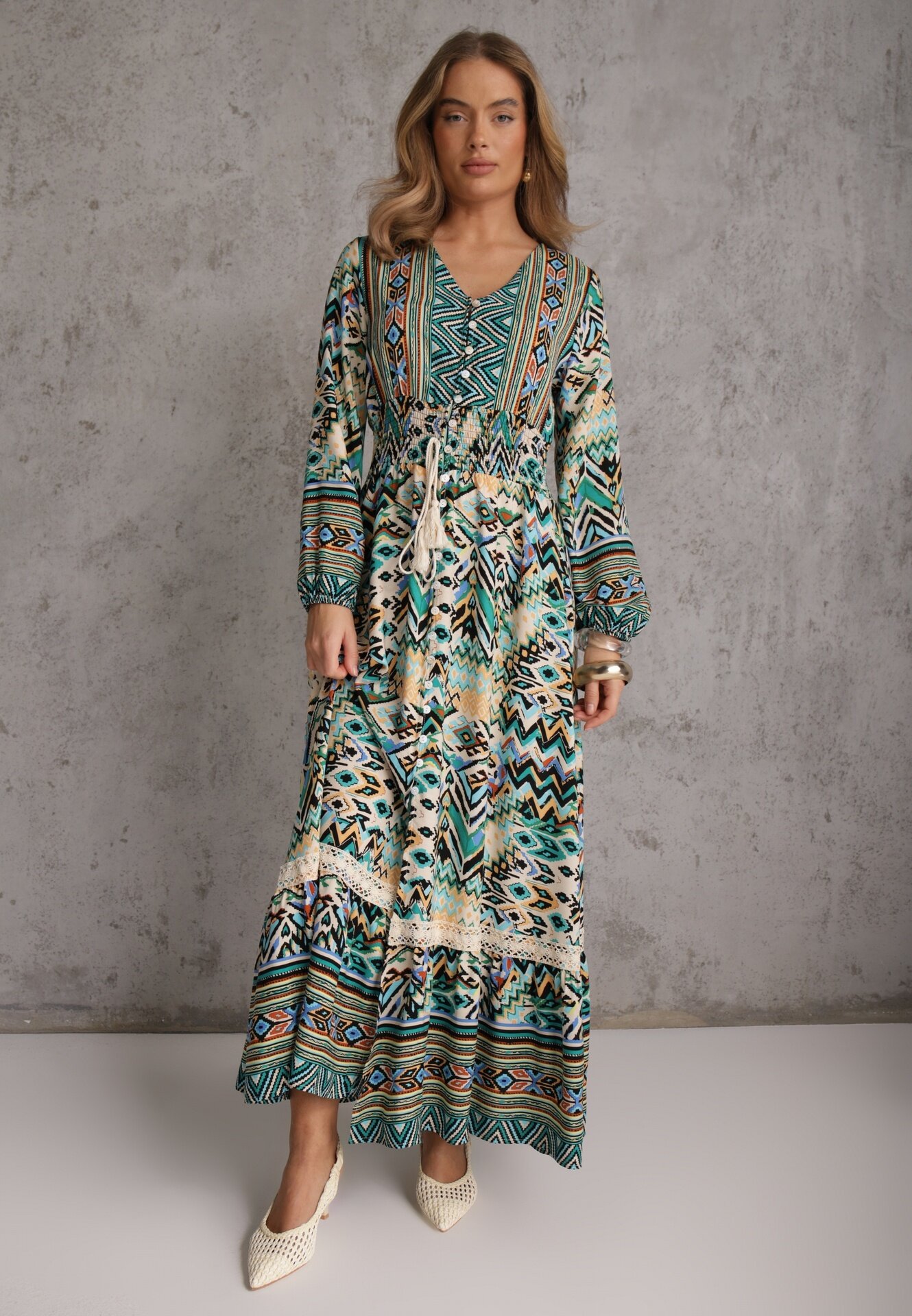rosa Rochie Verde cu elastic în talie cu model etnic Kapha