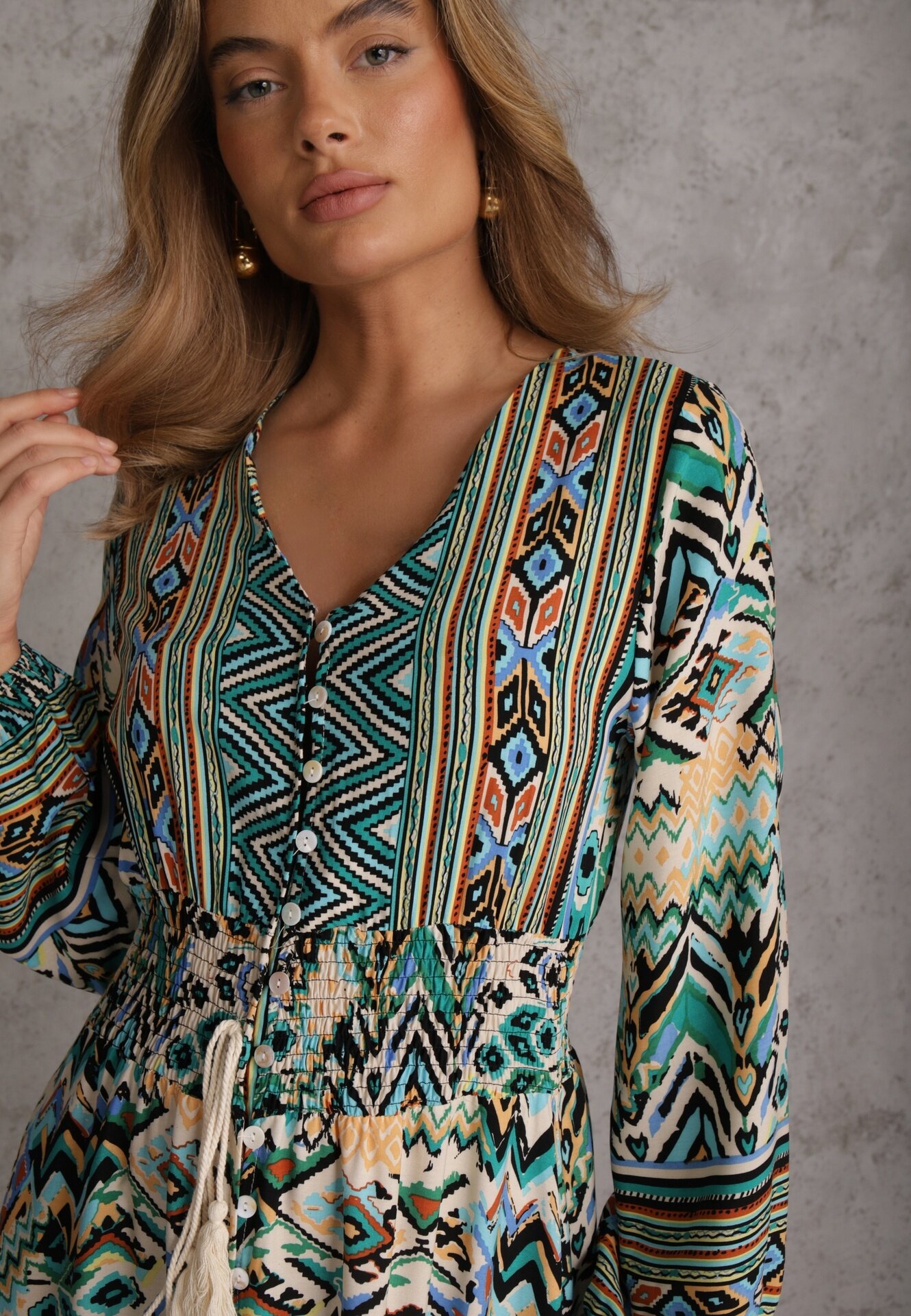rosa Rochie Verde cu elastic în talie cu model etnic Kapha
