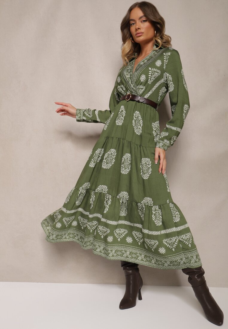 rosa Rochie Verde cu Vâscoză și Decolteu Petrecut Mirilaine