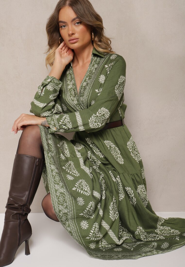 rosa Rochie Verde cu Vâscoză și Decolteu Petrecut Mirilaine