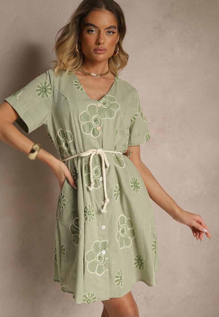 rosa Rochie verde deschis Boho decorată cu șnur și broderii Evinelle