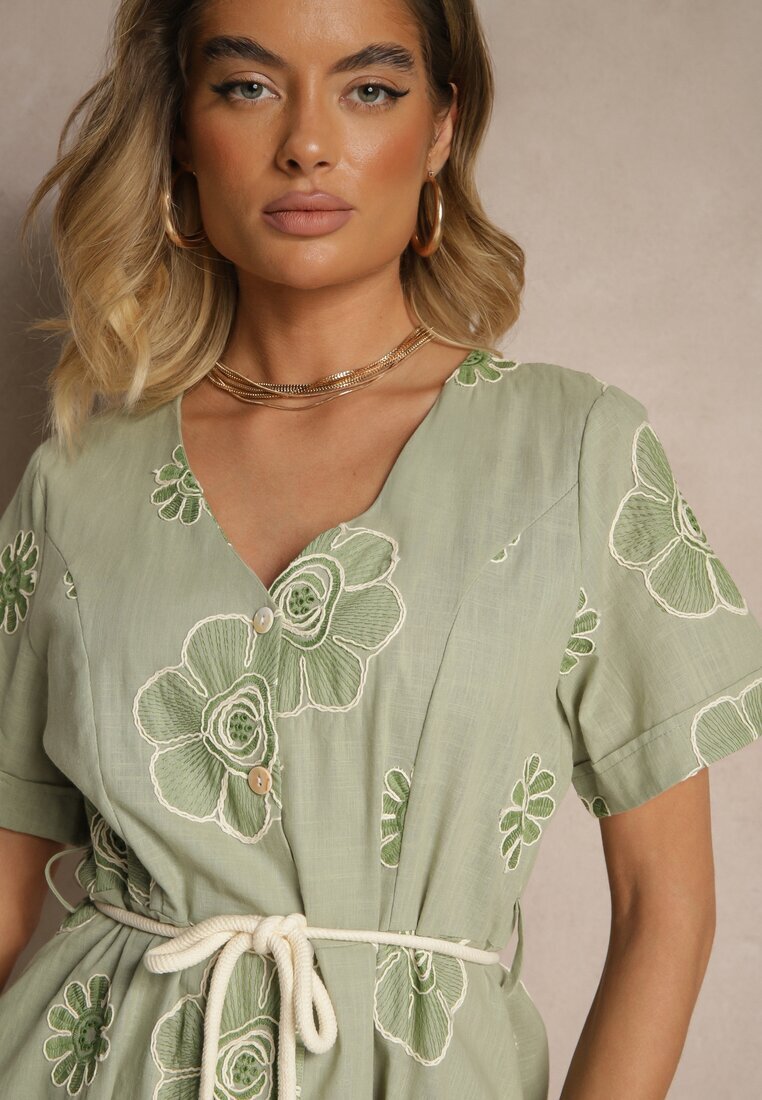 rosa Rochie verde deschis Boho decorată cu șnur și broderii Evinelle