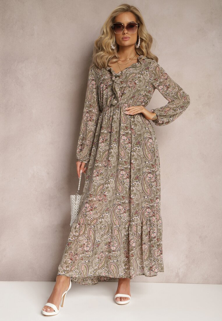 rosa Rochie verde deschis cu volan la decolteu cu model ornamental Mana