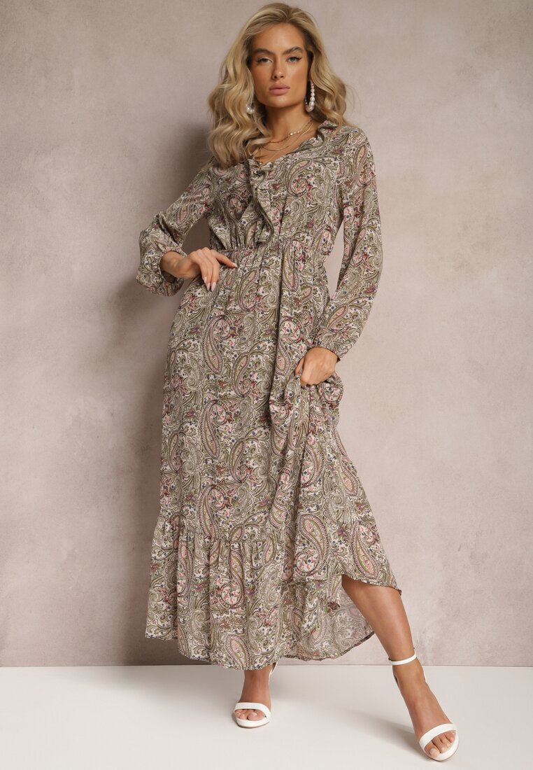 rosa Rochie verde deschis cu volan la decolteu cu model ornamental Mana