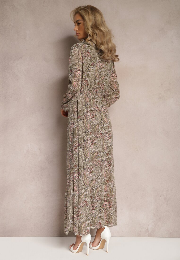 rosa Rochie verde deschis cu volan la decolteu cu model ornamental Mana