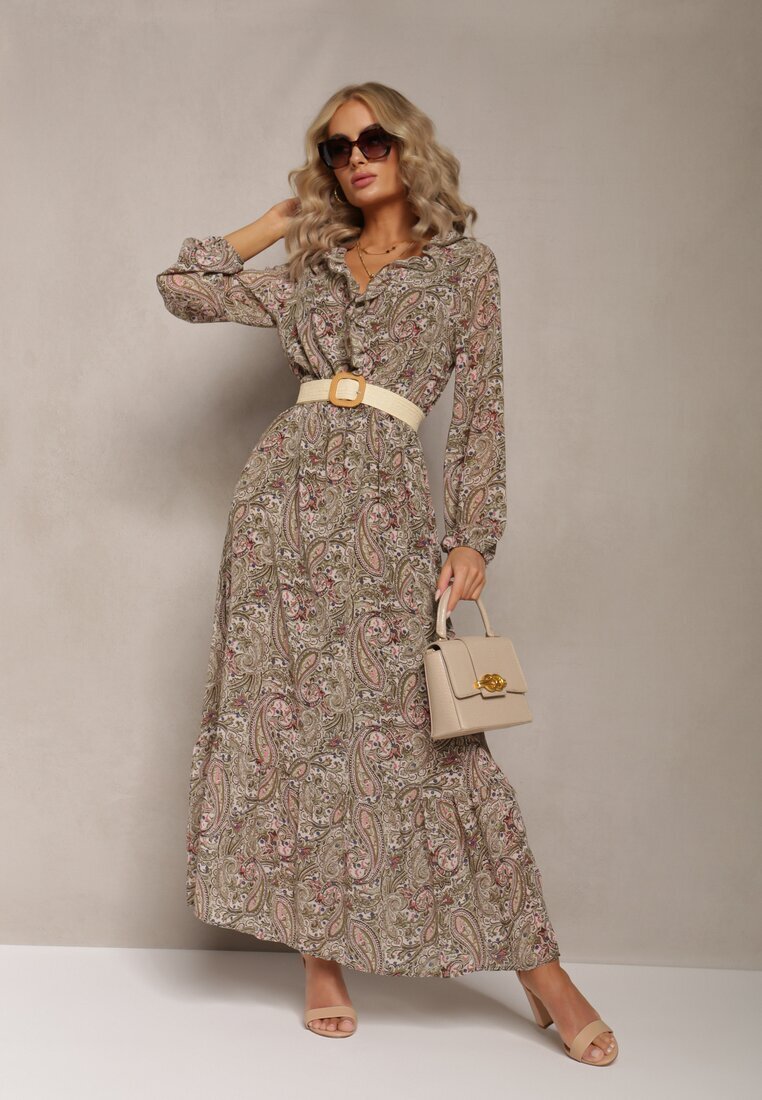 rosa Rochie verde deschis cu volan la decolteu cu model ornamental Mana