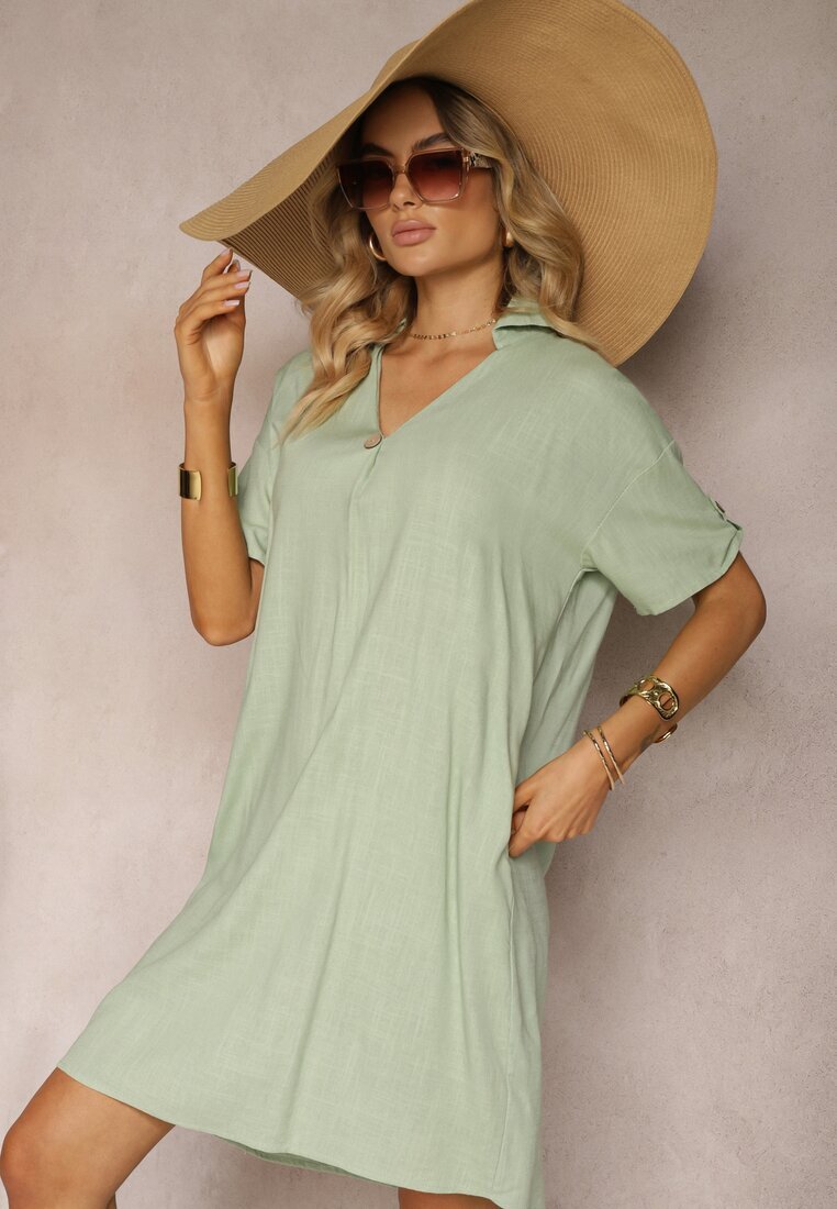 rosa Rochie Verde din Bumbac cu croială boxy cu mâneci reglabile Elonea