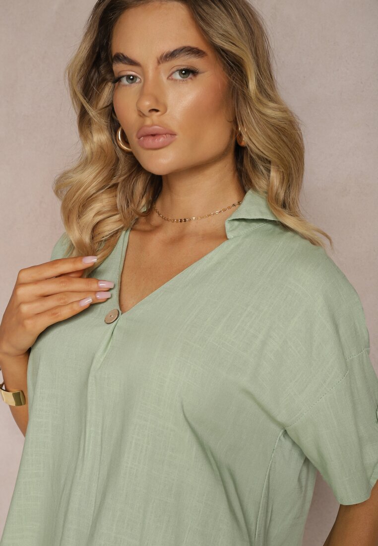 rosa Rochie Verde din Bumbac cu croială boxy cu mâneci reglabile Elonea