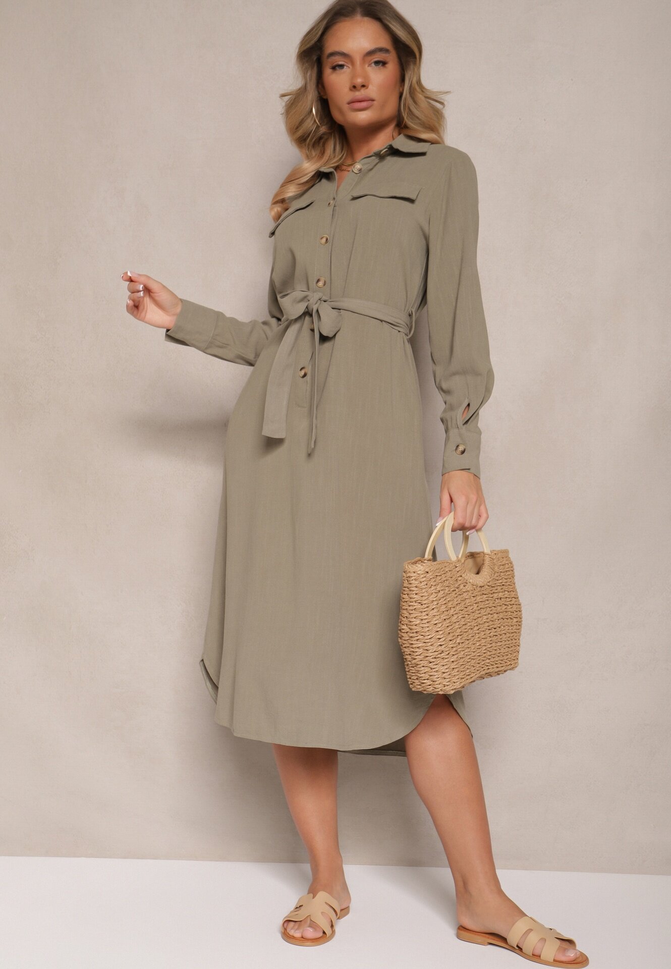 rosa Rochie Verde din Bumbac cu croială tip cămașă Legată în Talie Zinrose