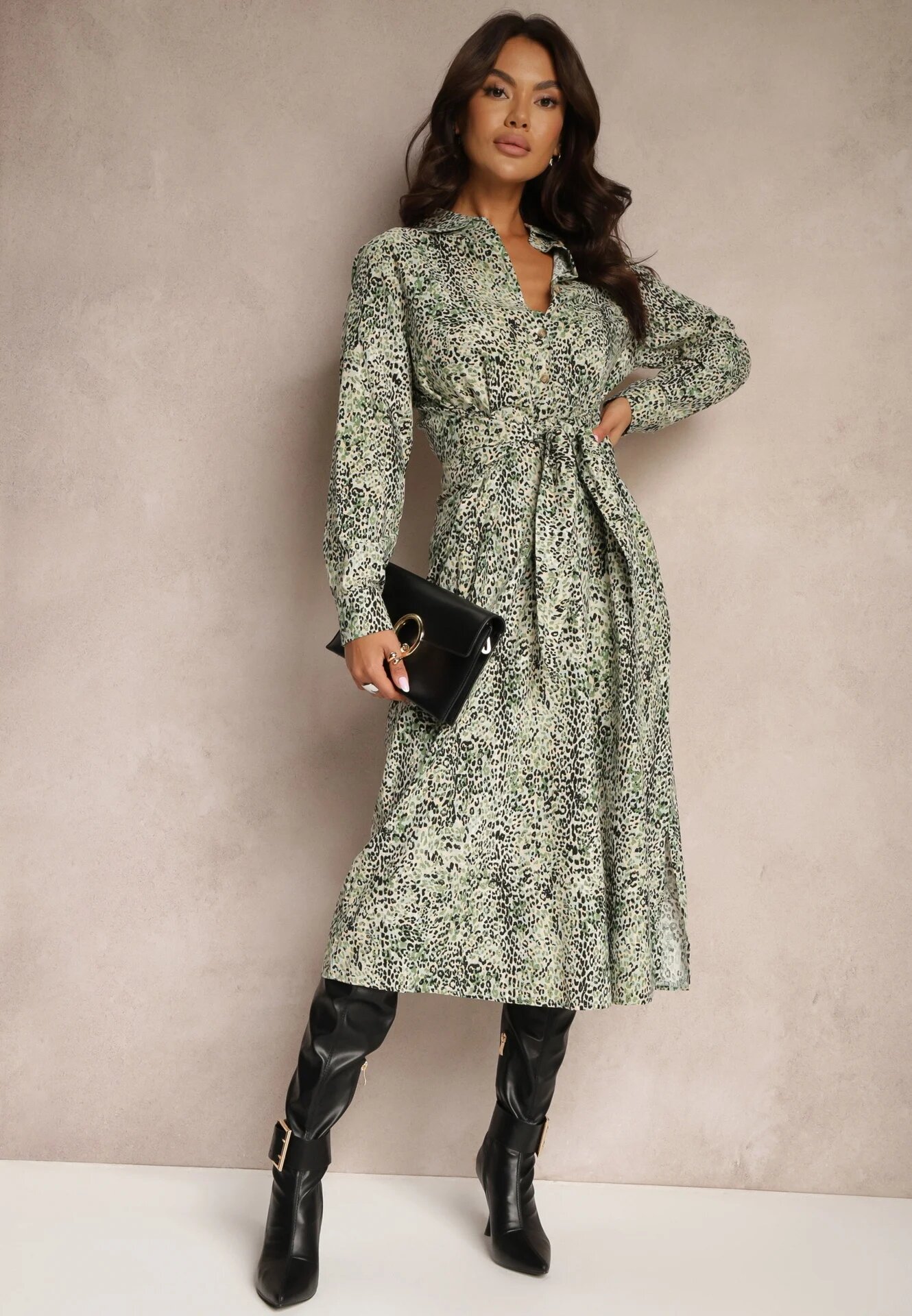 rosa Rochie Verde din bumbac cu imprimeu leopard stil cămașă legată în talie Inoraelis