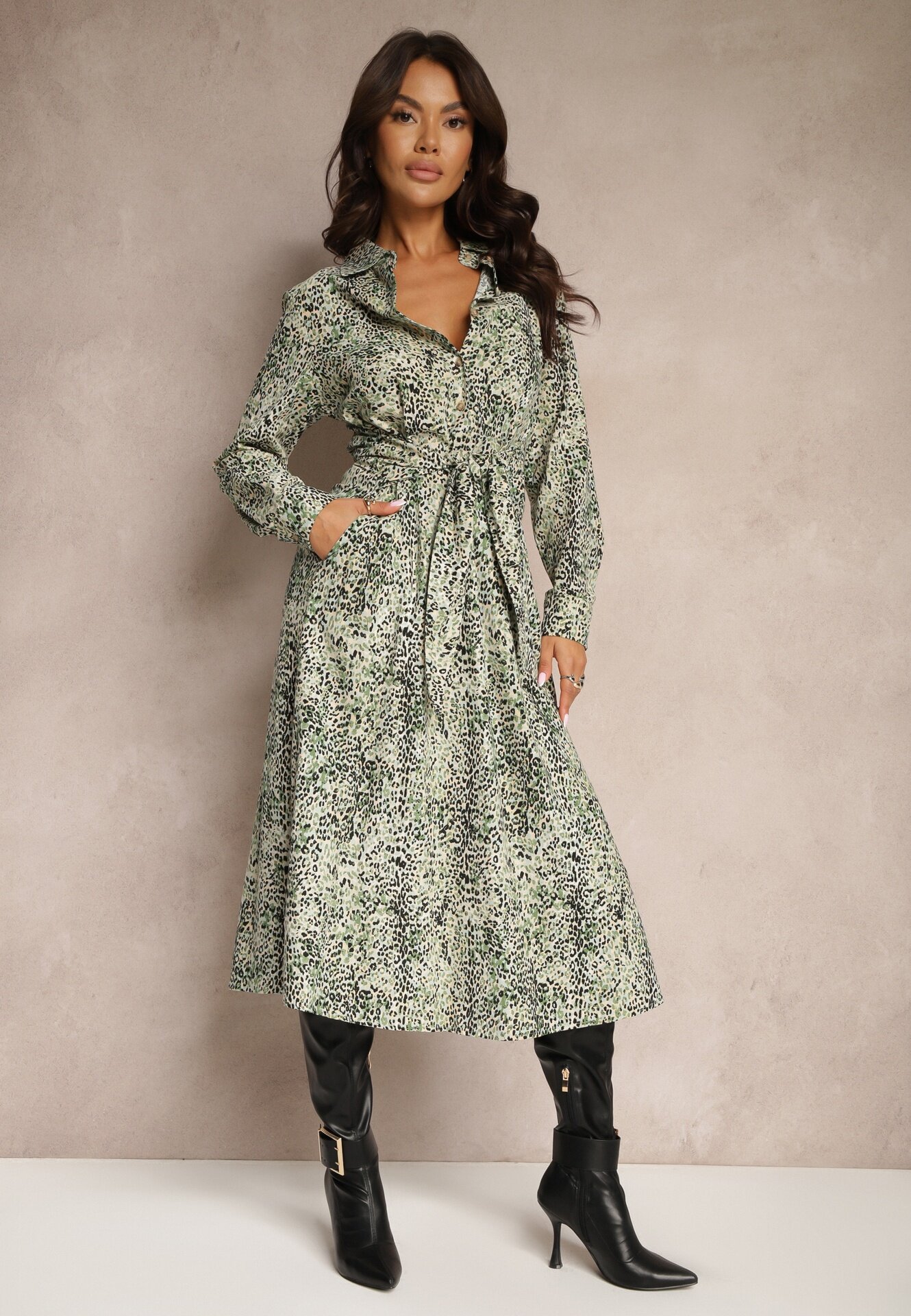 rosa Rochie Verde din bumbac cu imprimeu leopard stil cămașă legată în talie Inoraelis
